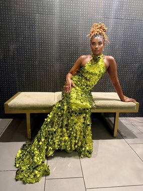 Green Sequin Halter Gown | Open Back Mermaid Dress | Statement Evening/ Prom